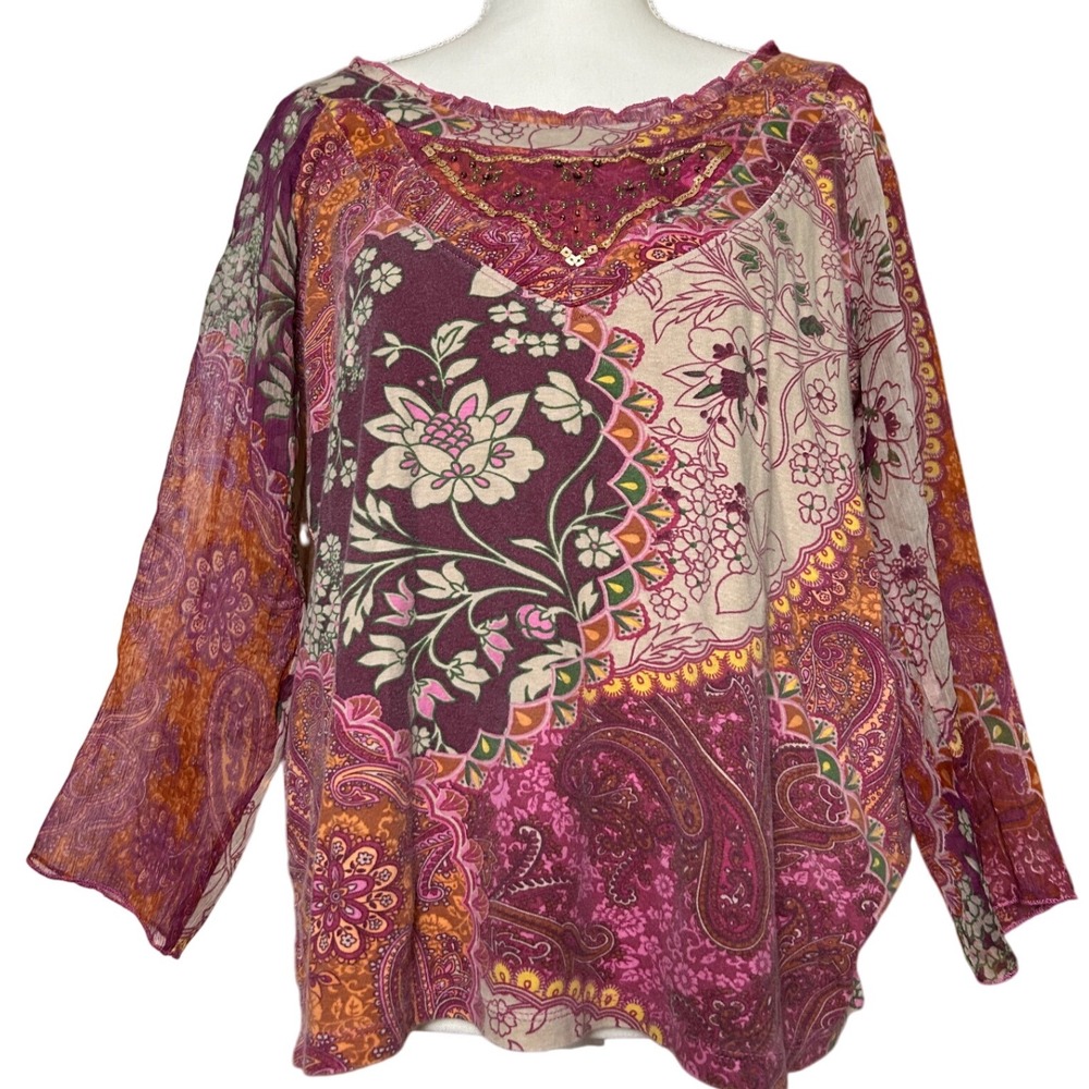 Caribbean Joe Womens‎ Multicolor Blouse Top Floral Paisley Gems Sheer Sleeve L